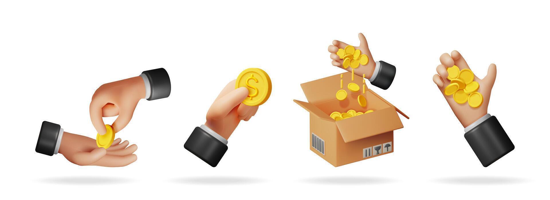 Hands with money transferring to other hand, hand holding coin, money falling into box, and hand full of coin. Finance and economy concept. vector