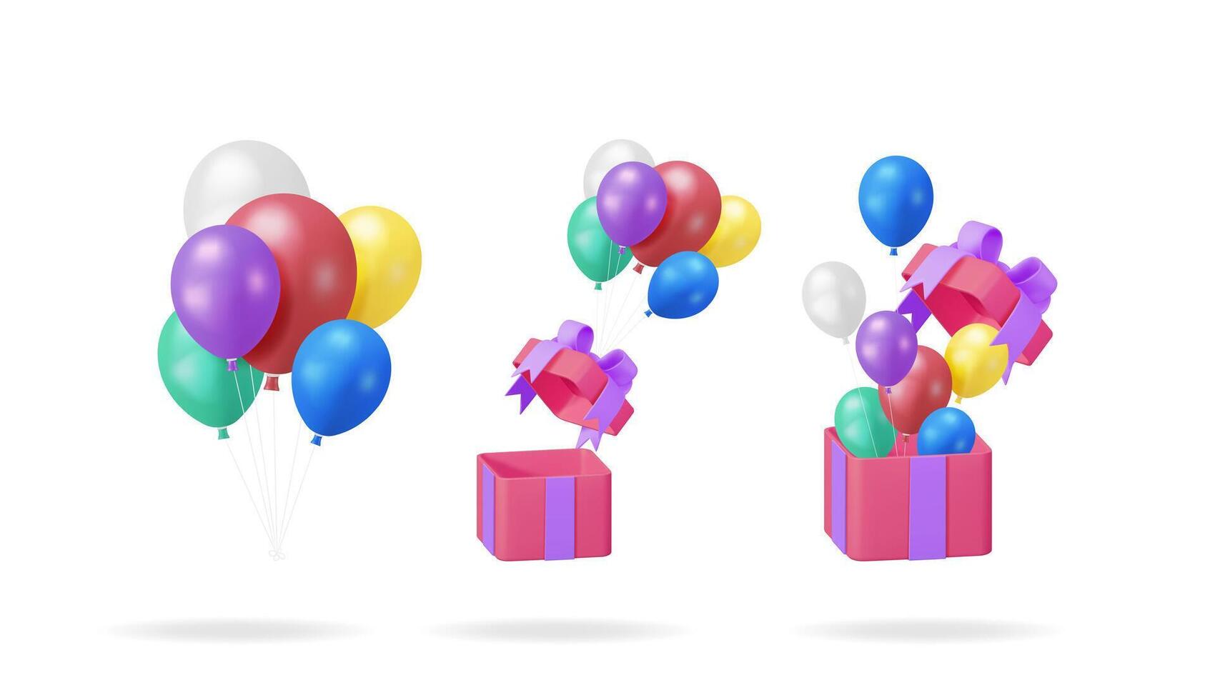 Colorful balloons in an open gift box and flying outside. Celebration and happy event concept. 3d illustration set for design. vector