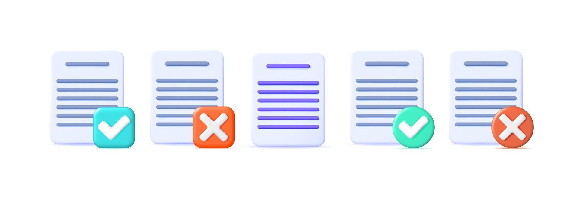 Document processing illustration with check mark and cross symbols. Data review and verification concept. 3d render for business application. vector