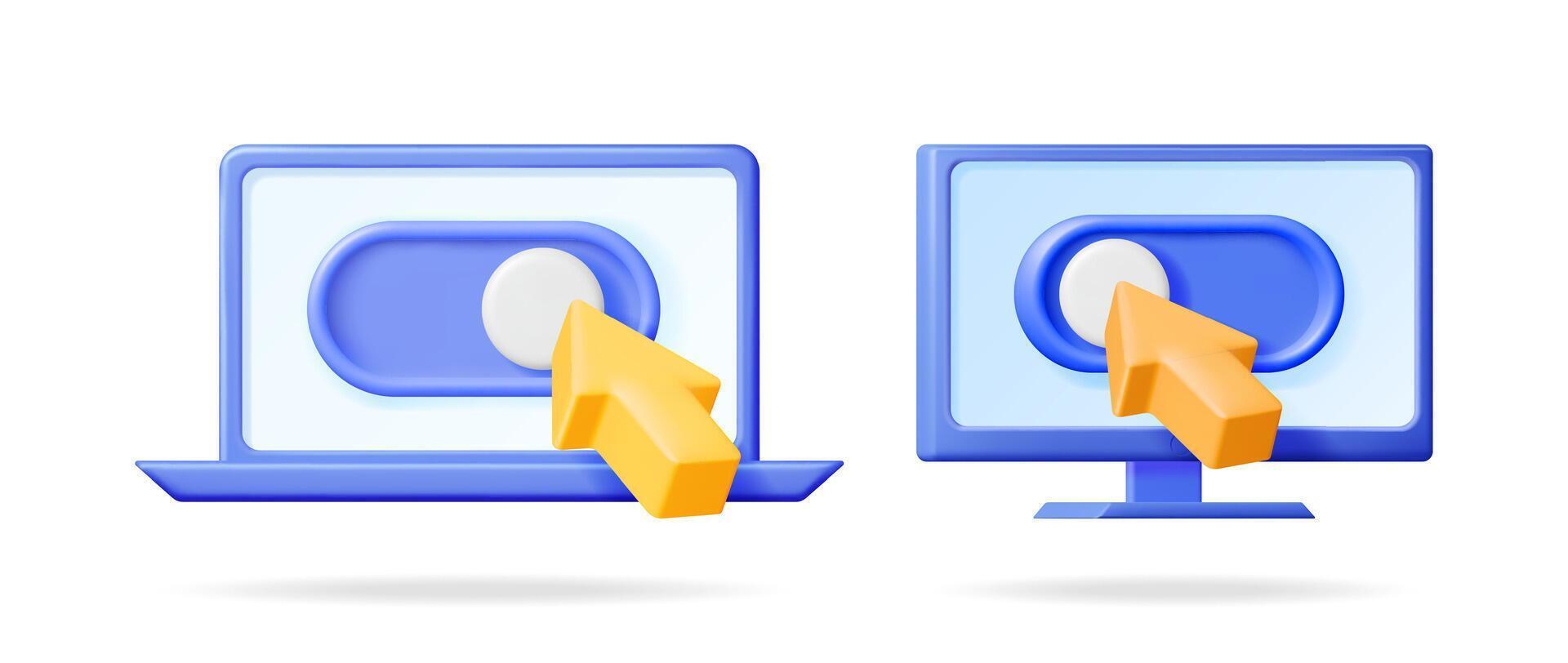 Laptop and computer monitor with toggle switch and mouse pointer. User interface button for on off selection. 3d set. vector