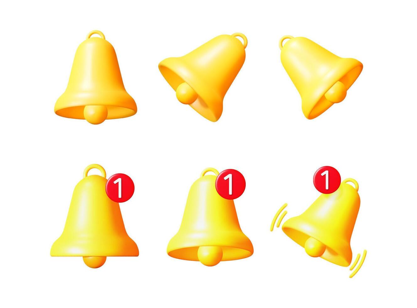 Set of 3d golden notification bell icon with one new message alert. Ringing bell for social media, website. New notification concept. vector