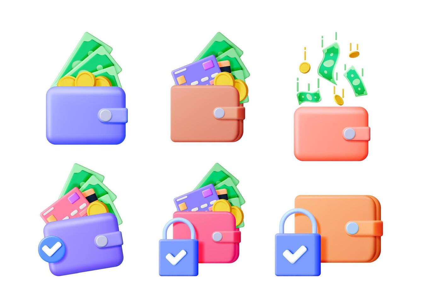 Money wallet icon set in 3d illustration. Financial assets and security concept. Digital render for online payment. vector