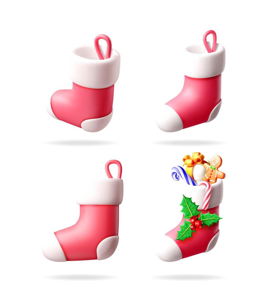 Collection of Christmas stockings in a 3D cartoon style illustration, some filled with gifts, candy, and holly for a festive holiday decoration. vector