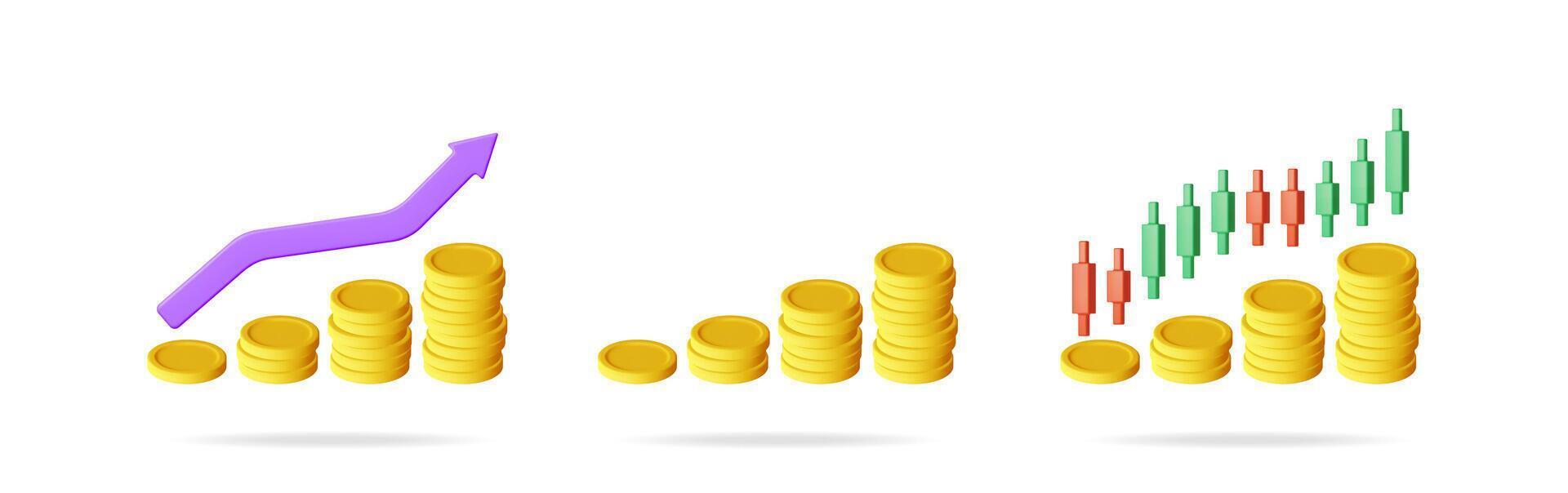 Growth arrow on coin stacks and candlestick stock chart representing financial upward trend. Finance, success and investment concept. vector