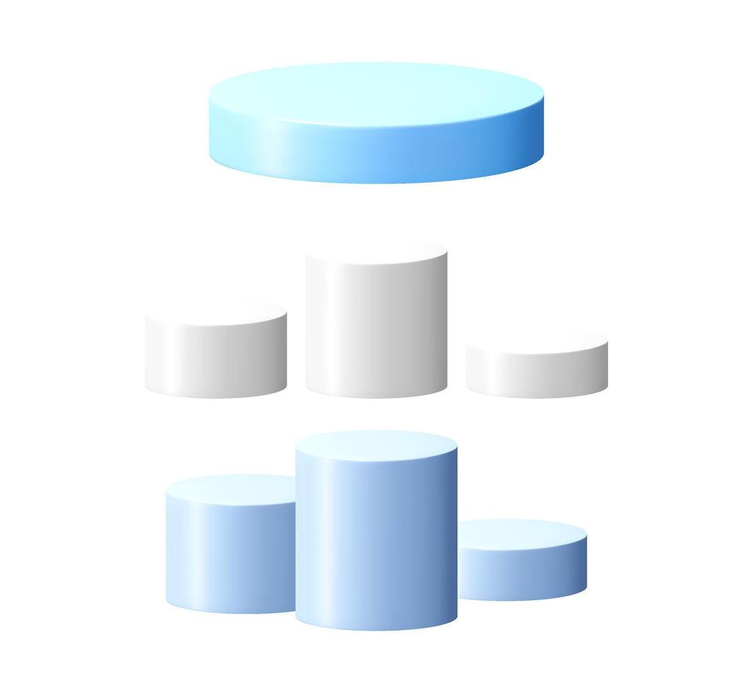 Blue and white 3d podium set. Empty cylinder pedestal for product presentation. Minimalist scene for advertising. vector