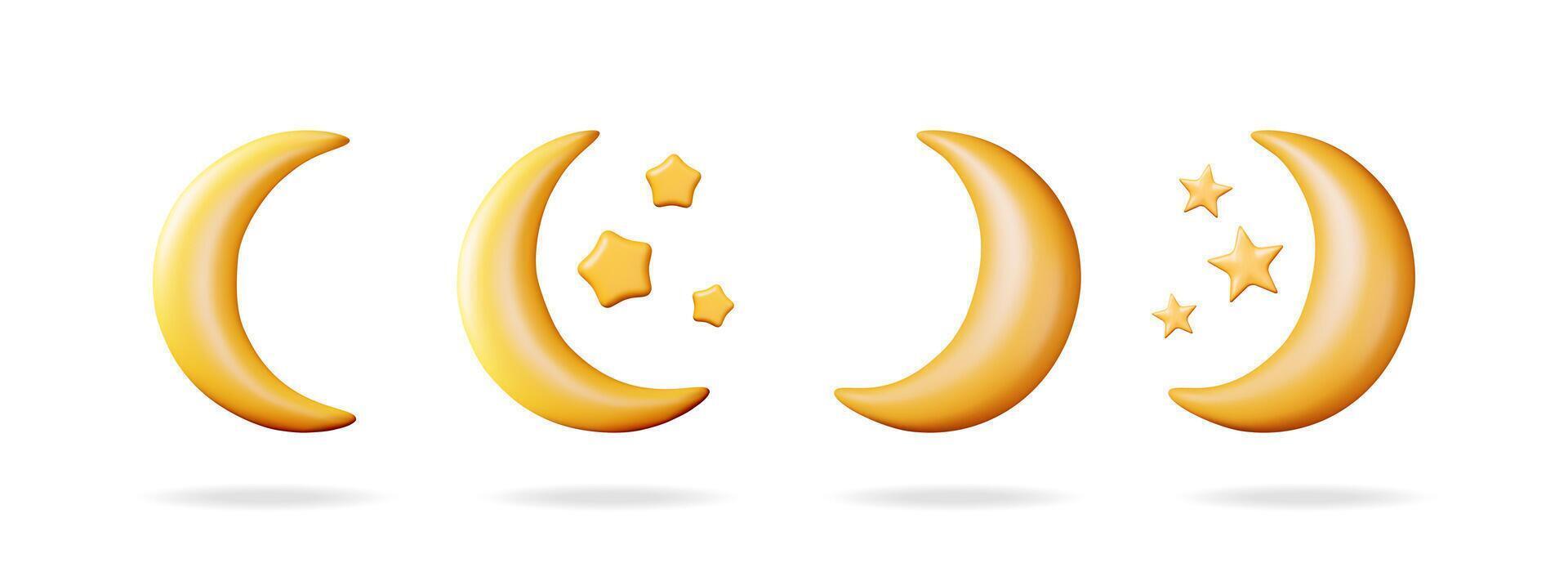 Set of 3d golden crescent moon and star icons. Cartoon night and sleep symbol illustration. Good night and bedtime concept. vector