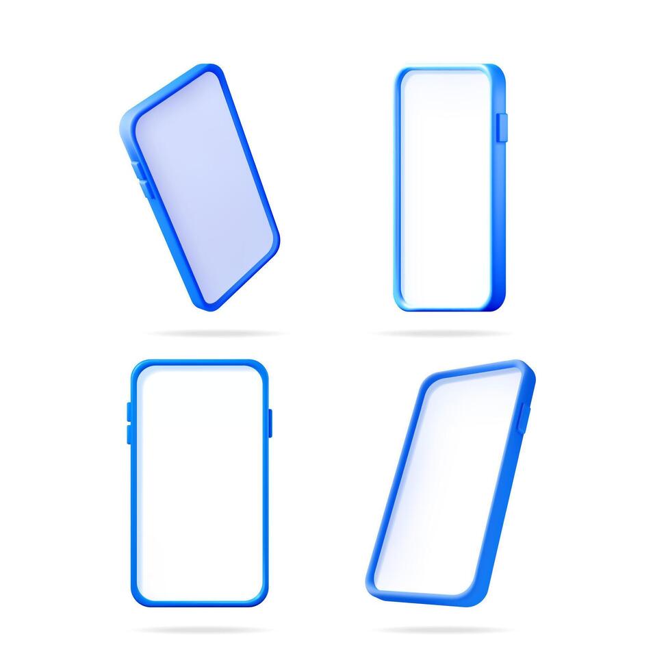 Four blue smartphone mockups floating against a white background. Digital mobile device template for user interface design. vector