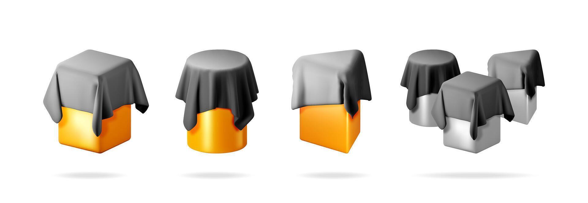 Gold, orange and silver boxes or podiums covered with dark grey or black cloth for product presentation on plain white background. vector