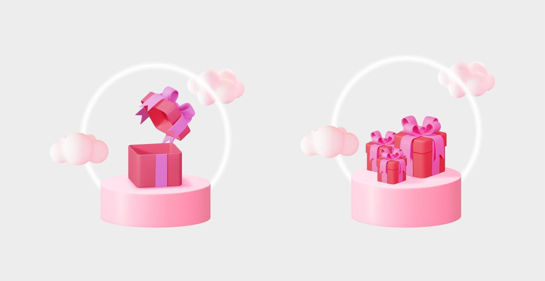 3D illustration set with present box opening and gift boxes on pink podium. Marketing concept for holiday promotion. vector