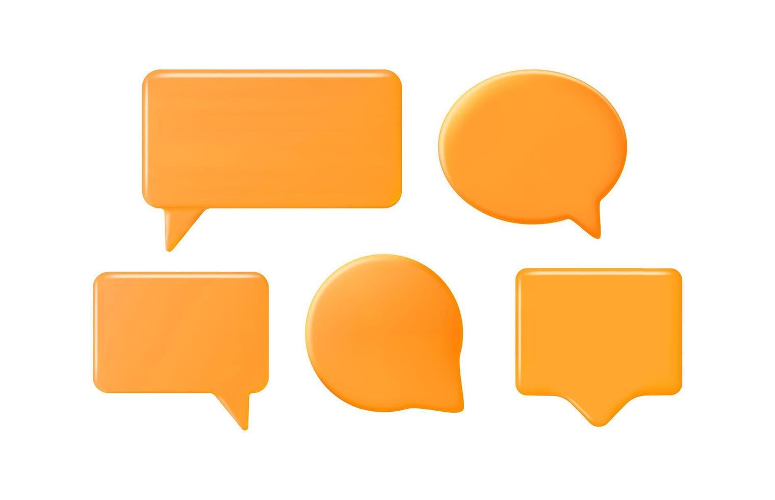 Set of orange 3d speech bubble or chat box geometric shapes. Glossy plastic empty message frame balloon for communication and social media. vector