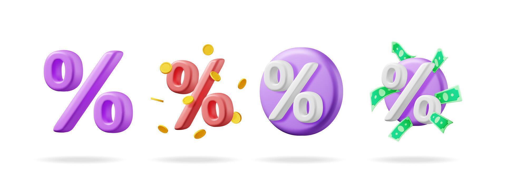 Set of 3d percentage signs. Discount offer symbol or interest rate icon collection. Promotion, sale, special offer design element with money. vector