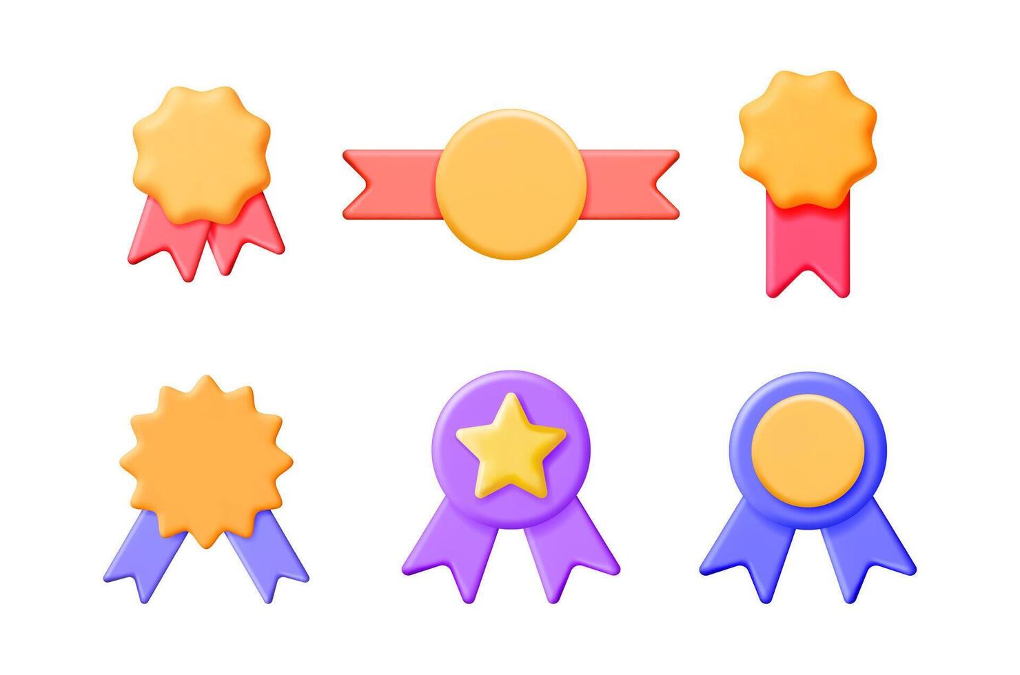 Selection of colorful 3d award medals and ribbons. Achievement and quality recognition concept. illustration set. vector