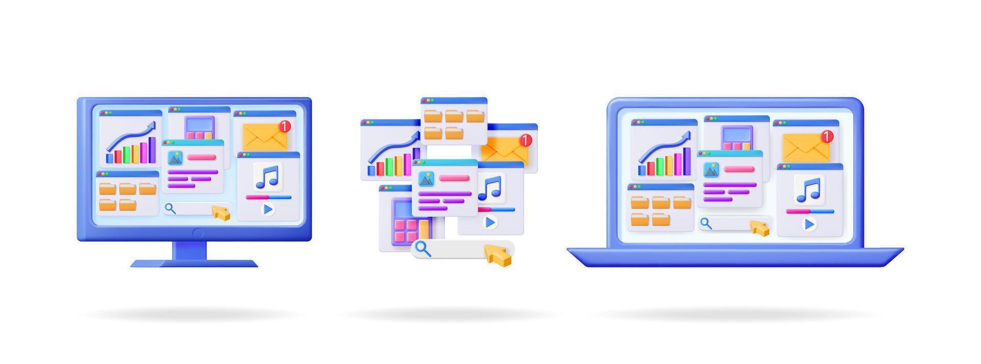 Computer, laptop and pop up windows with various application icons. Digital technology with file folders, charts and messenger app. vector