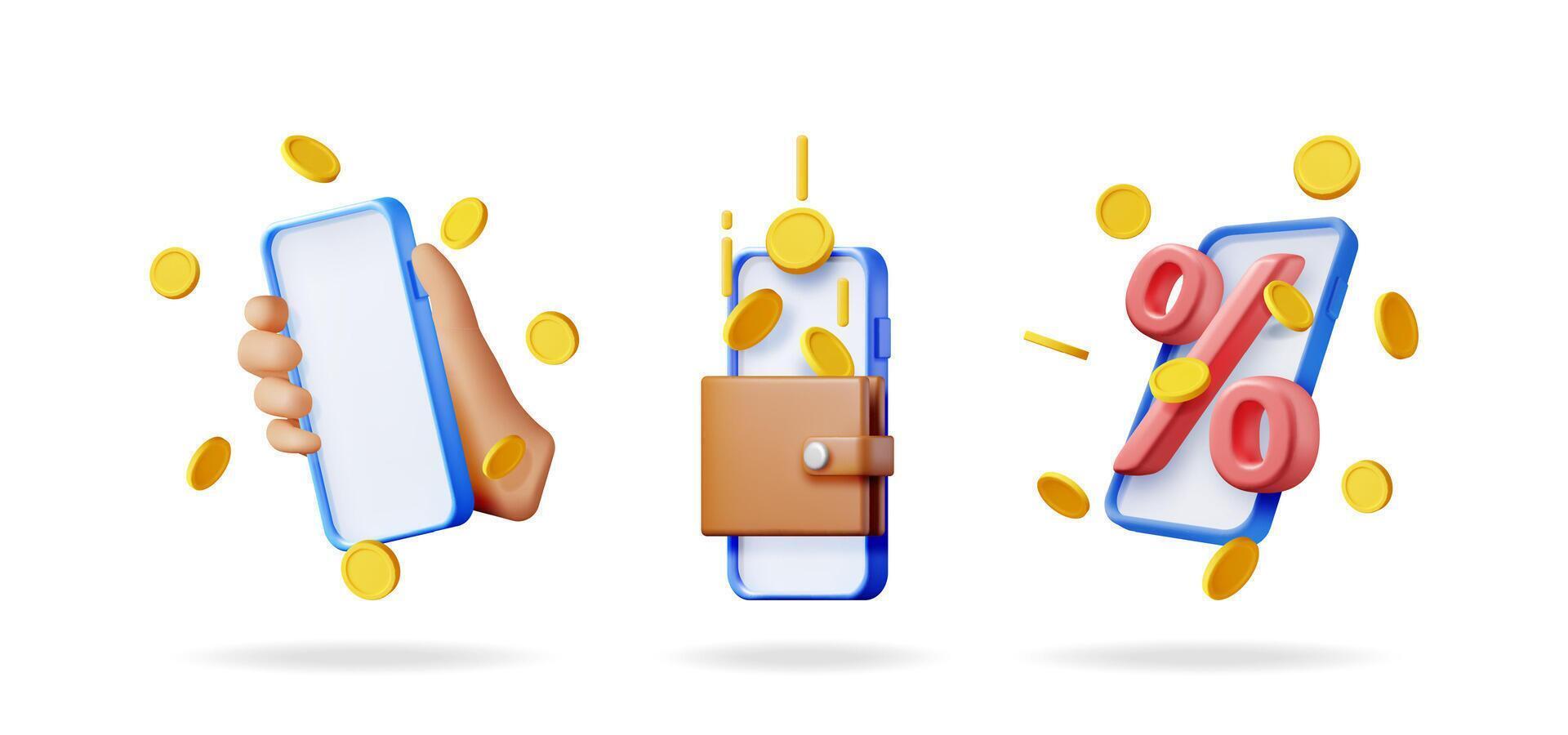 Man's hand holding a phone, a wallet with money, and a percentage sign on a phone screen, 3d illustration for mobile banking application. vector