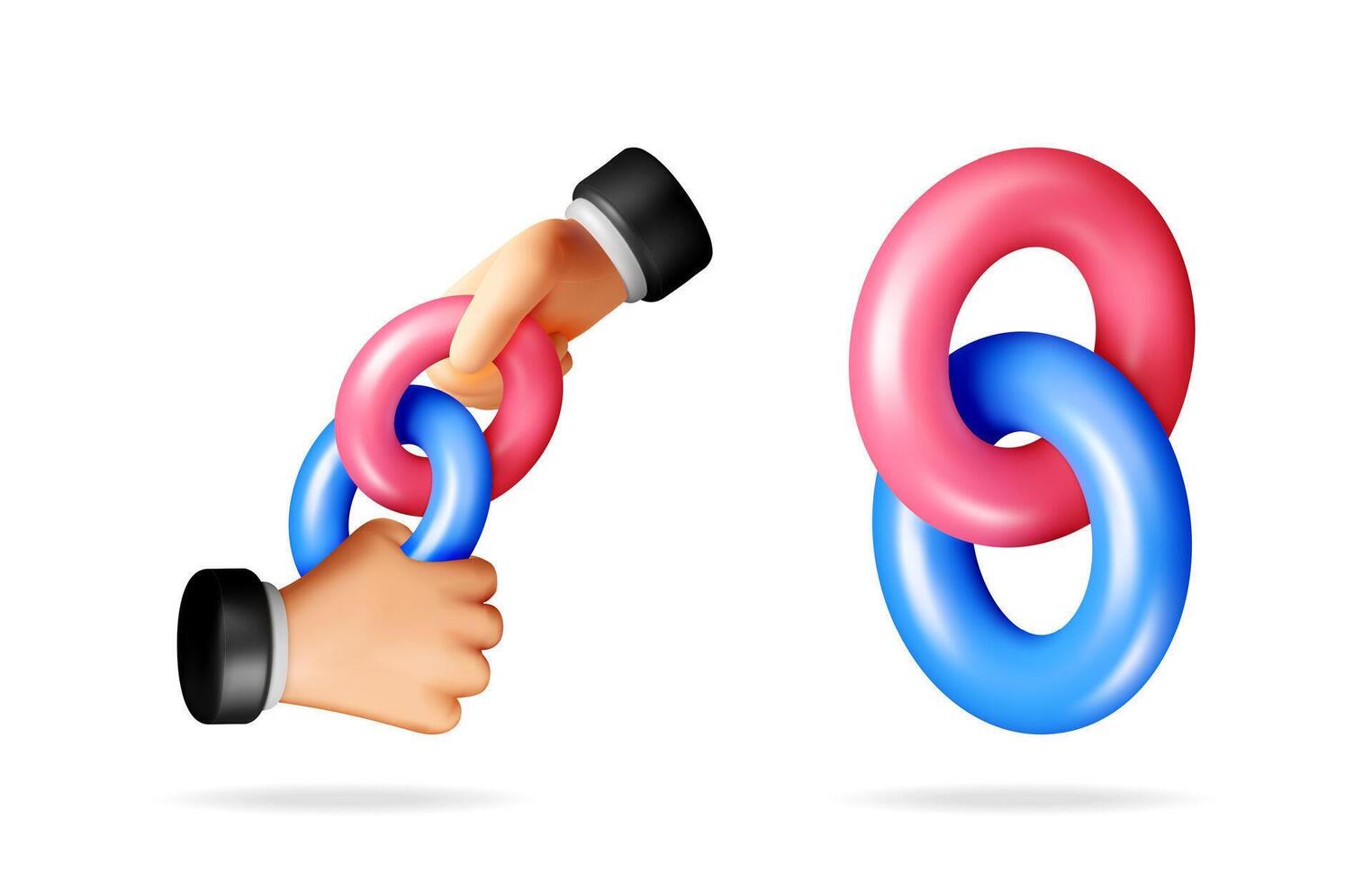 Two hands holding connected pink and blue chain links and two disconnected links. Unity and teamwork business metaphor in 3d . vector