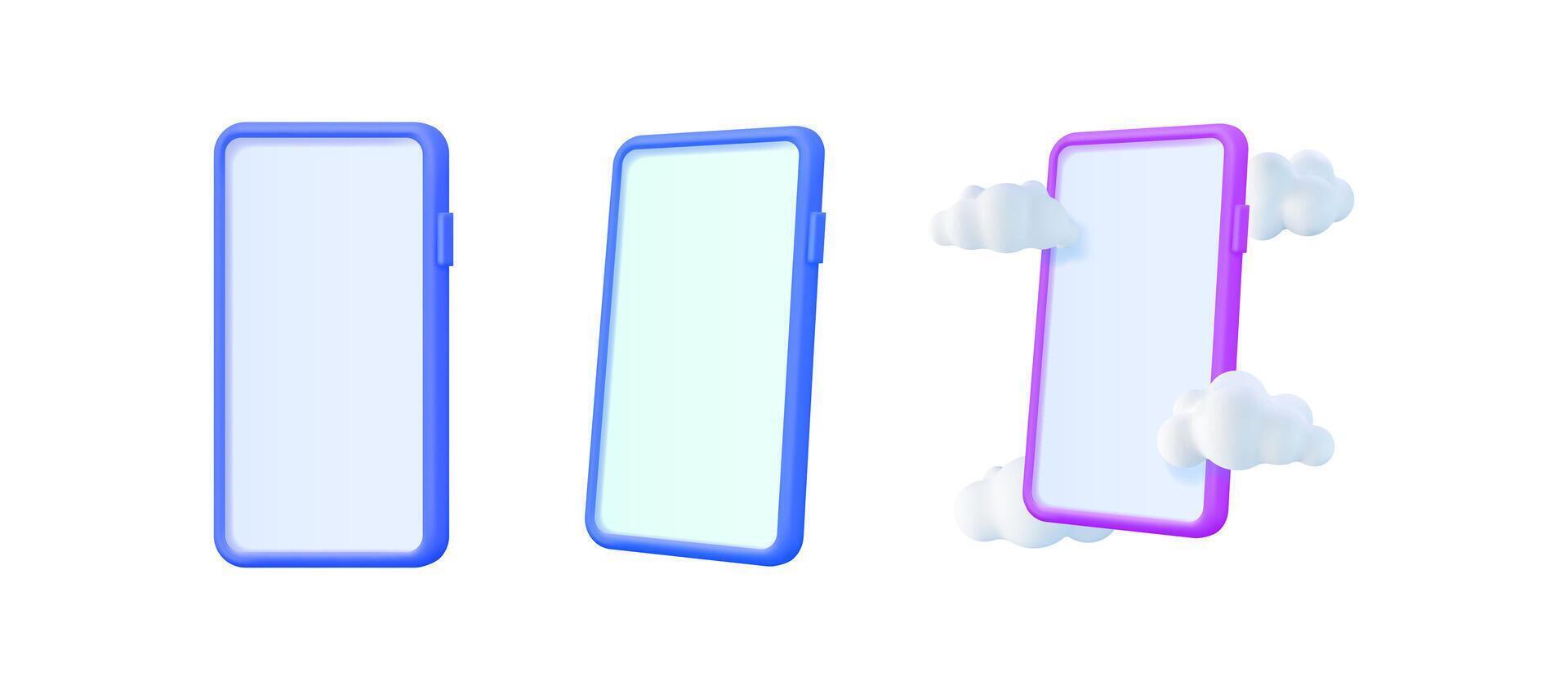 Three 3d smart phone mockups. Empty smart phone screen with cloud icon. Mobile phone with empty screen. Minimalistic concept design for display. vector