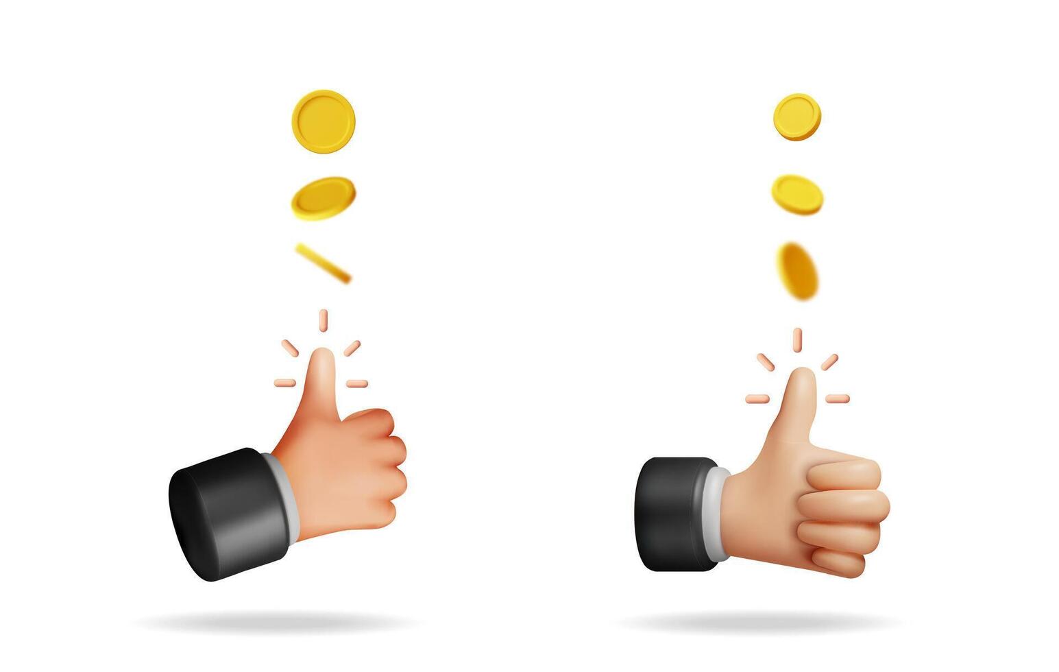 Cartoon hand showing thumb up gesture with golden coin falling. Like sign and money. Financial success and profit. Business investment and online earning concept. vector