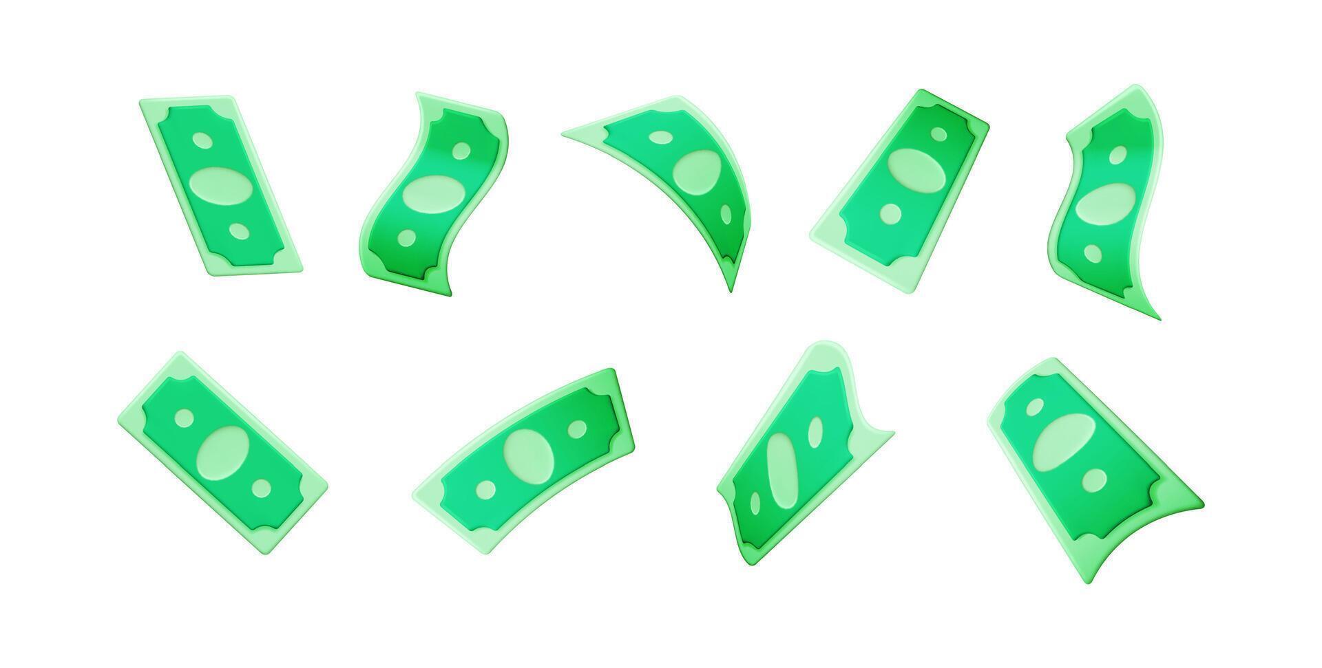 Set of falling green dollar banknotes, money rain concept. Cash currency 3d illustration for financial prosperity and economic growth. vector