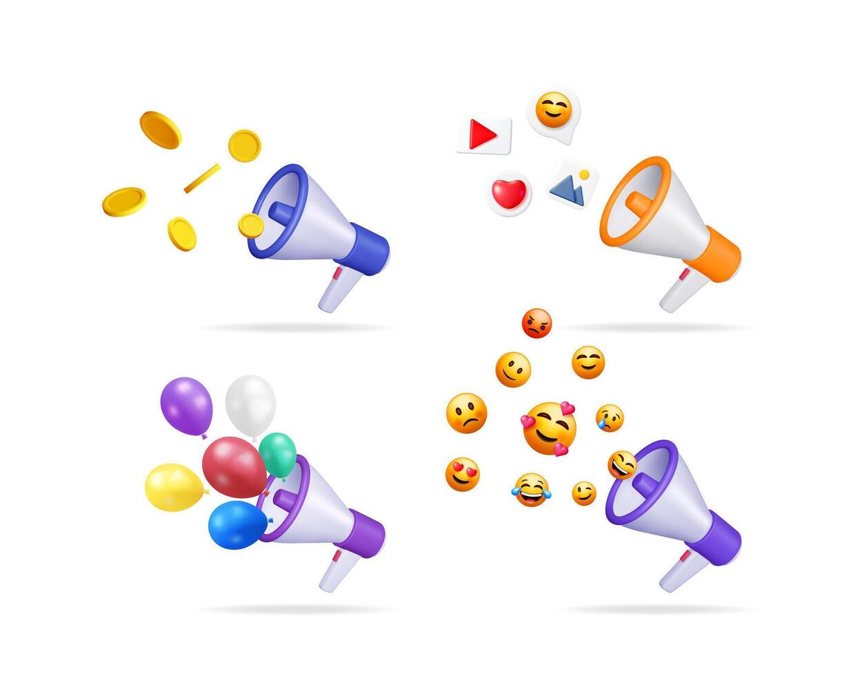 Megaphone set with promotion icons and 3d illustrations of social media marketing and event announcement elements. vector