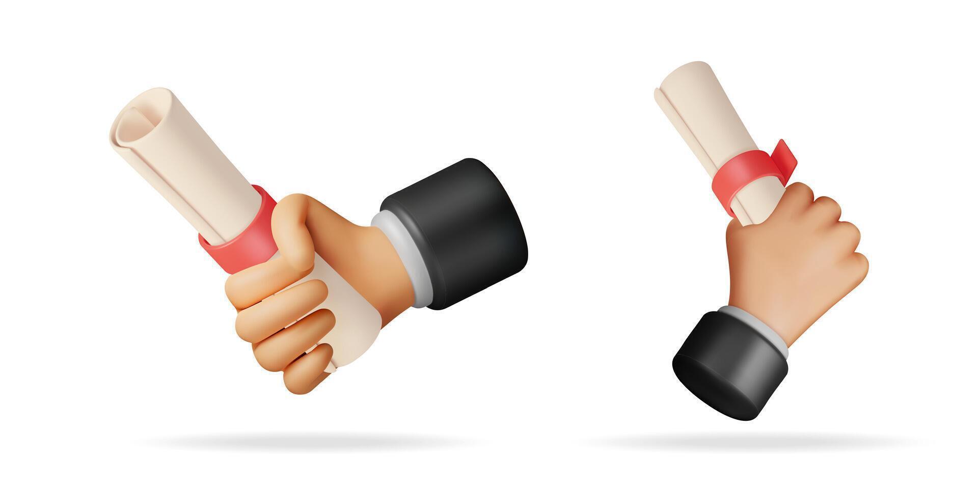 Businessman and another person shaking hands and holding a diploma. Business deal and educational achievement concept for graduation or partnership. vector