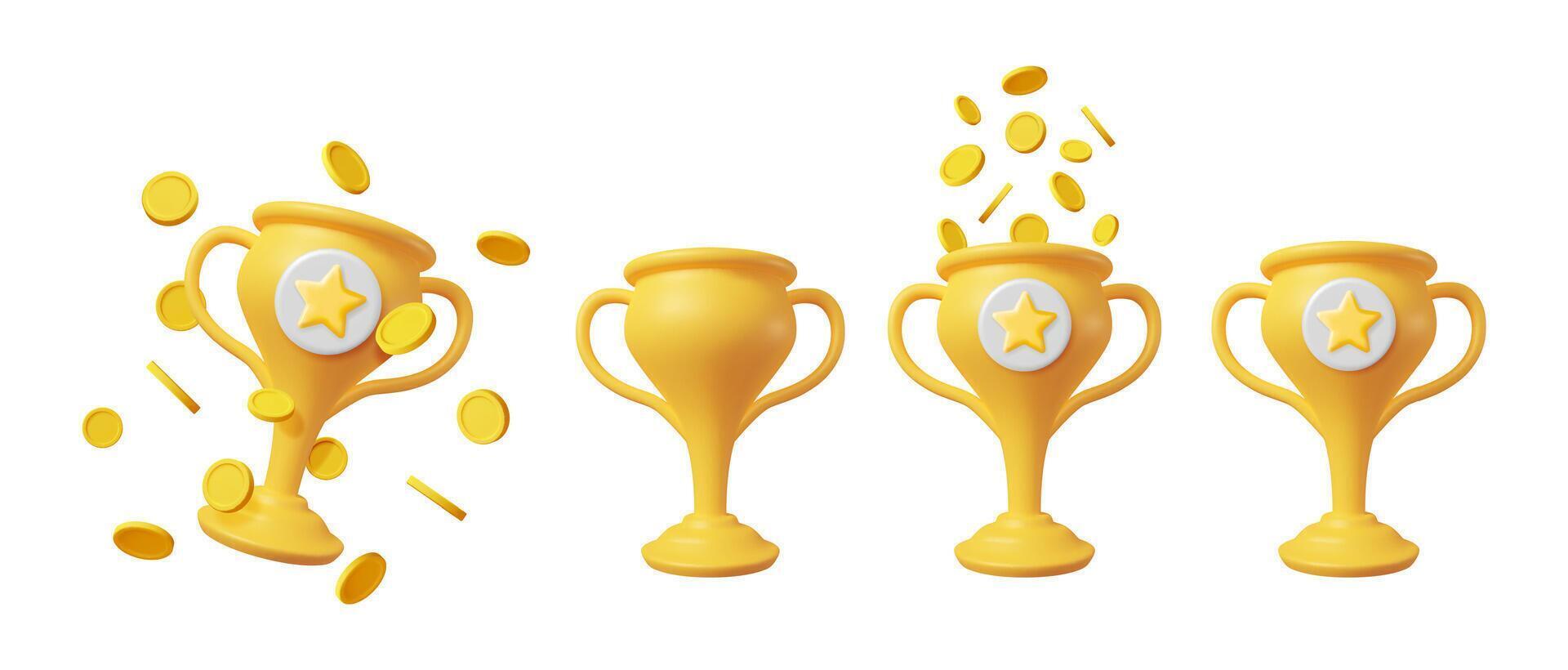 Set of 3d gold trophy cups. Winner award with star badge and coins falling in cup. Achievement, success, and reward concept for gaming. vector