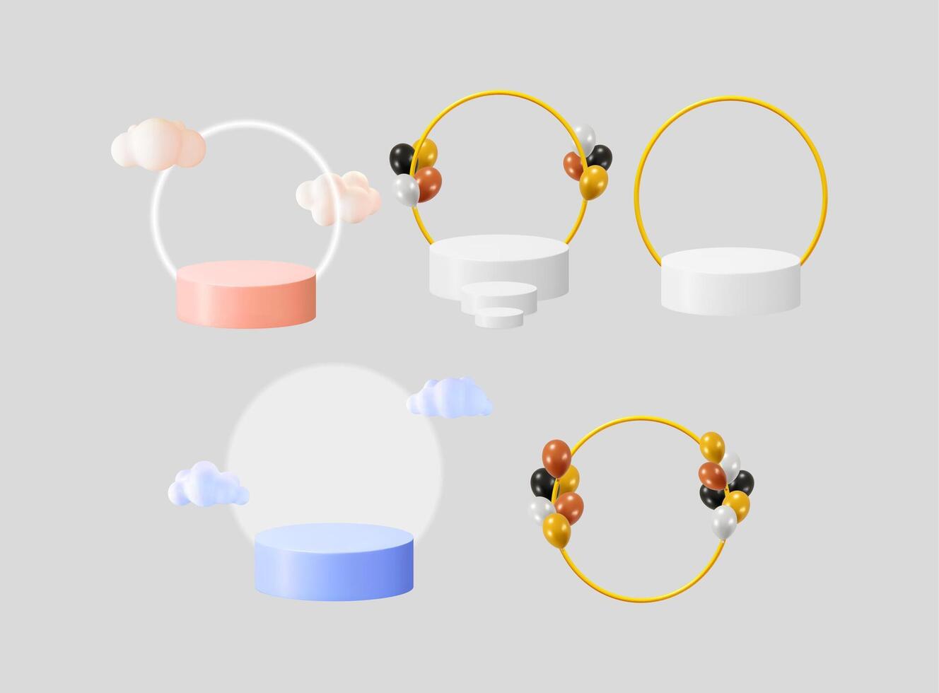 A set of 3d product podiums with clouds and balloons, perfect for product display, promotion, and e-commerce web design. vector