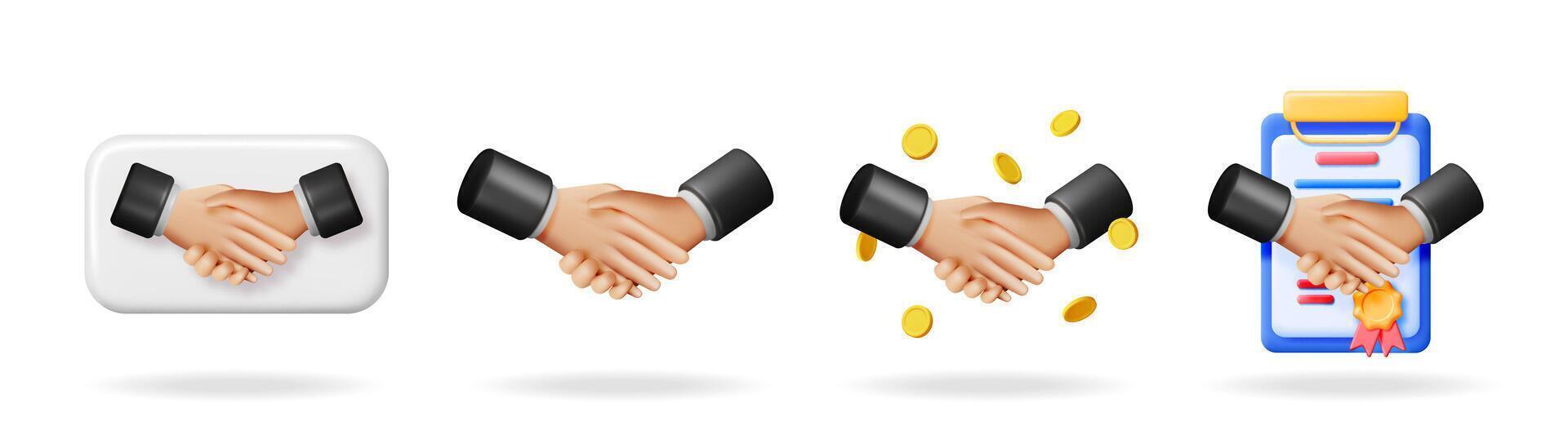 Set of 3d illustrations of handshake icons representing business partnership, agreement, and contract signing. vector