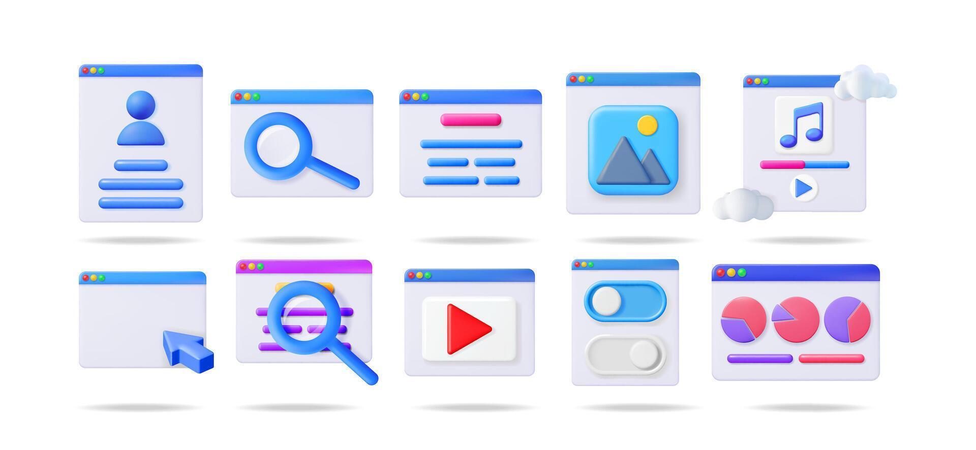 Set of 3d interface elements. User profile, search bar, text box, image, music player, empty window, , toggle, and chart windows. vector