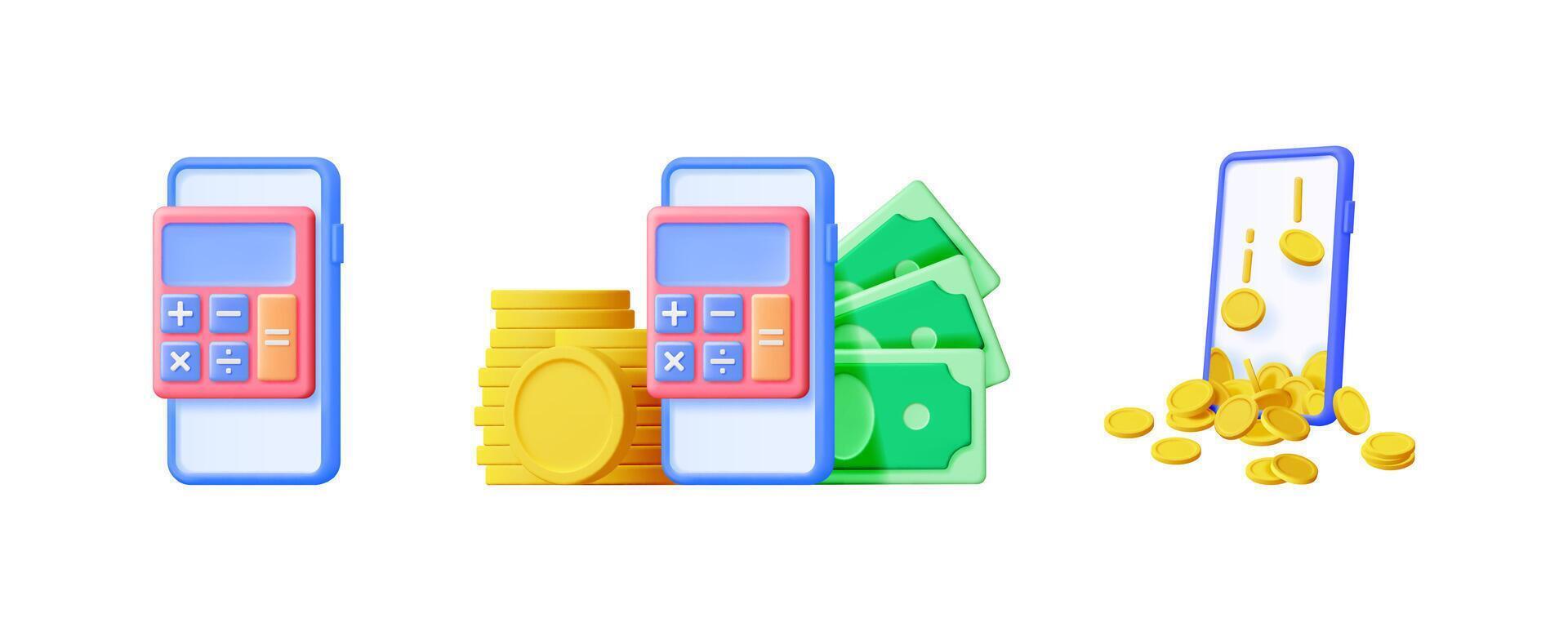 Set of 3d calculator on phone, money and coin elements. Financial accounting and budget management concept for mobile application on white background. vector