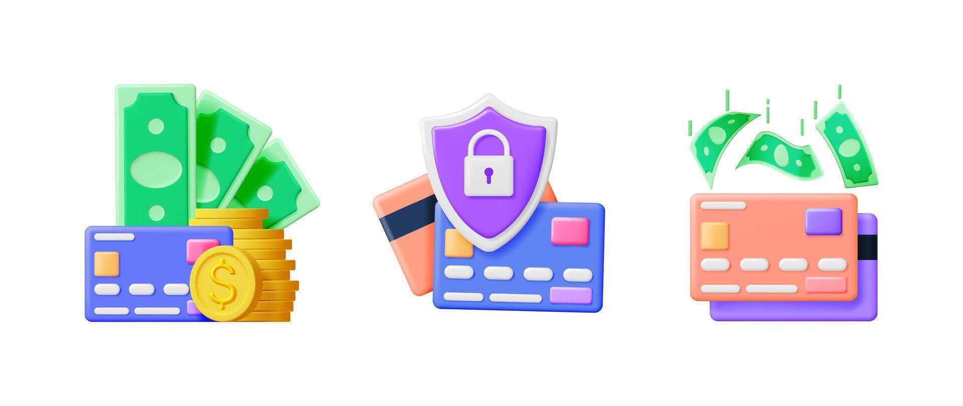 Money and credit card assets 3d icon set. Online payment and financial security concept. Digital transaction and banking illustration. vector