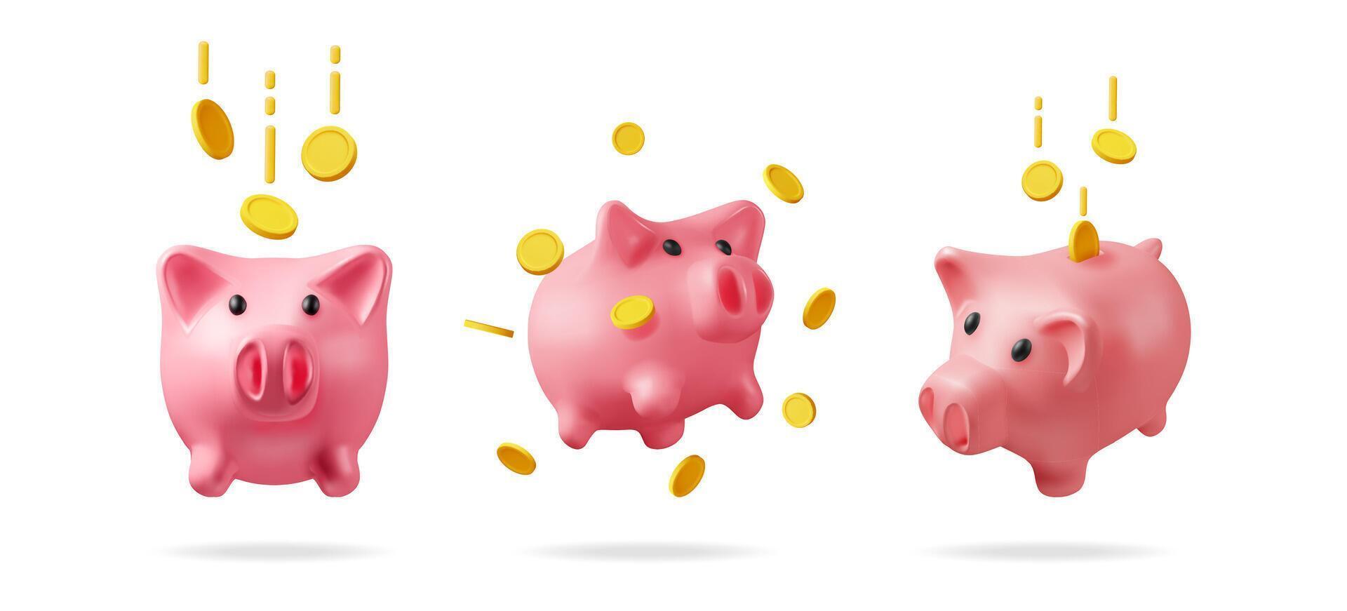 Collection of three pink piggy bank with gold coin. Money saving concept. Financial education for kid. 3d illustration. vector