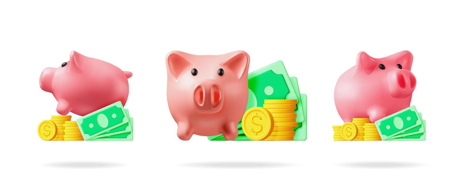 Three pink piggy banks with dollar banknotes and golden coin stacks. Financial savings and investment growth concept for wealth management. vector