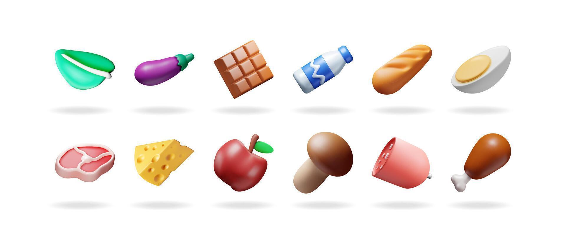 Collection of 3d illustrations of various food items including fruit, vegetables, meat, bread, and dairy. Grocery concept. vector