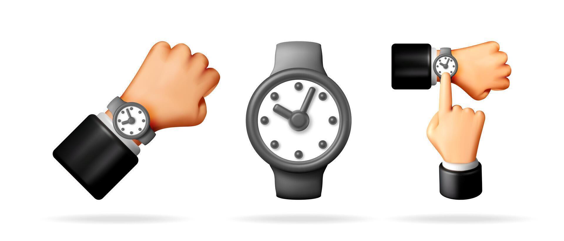 Business man hand with wrist watch and a close up of a watch, 3d collection. Time management, deadline concept. vector
