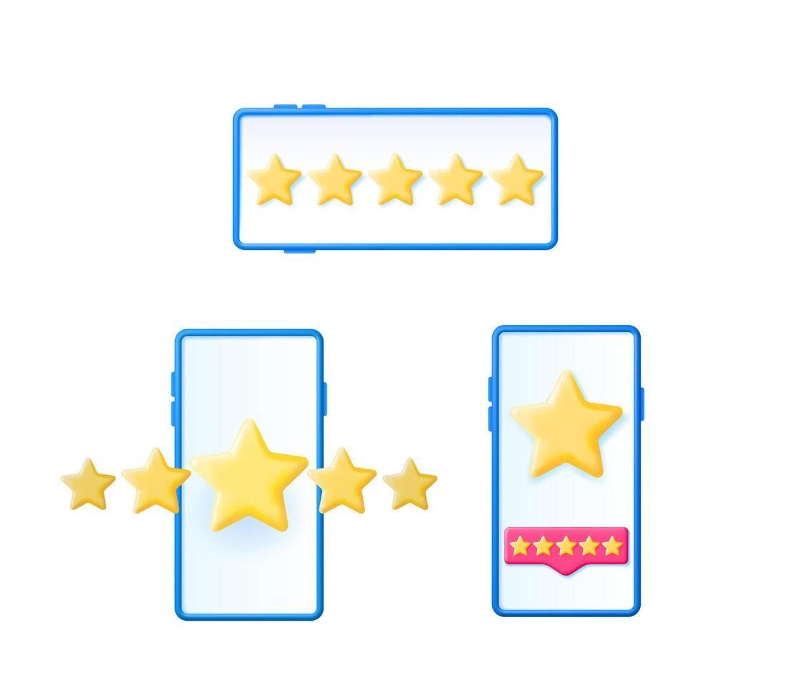 3d illustration of various mobile phones and a tablet showing five golden stars rating feedback. Customer service concept. vector