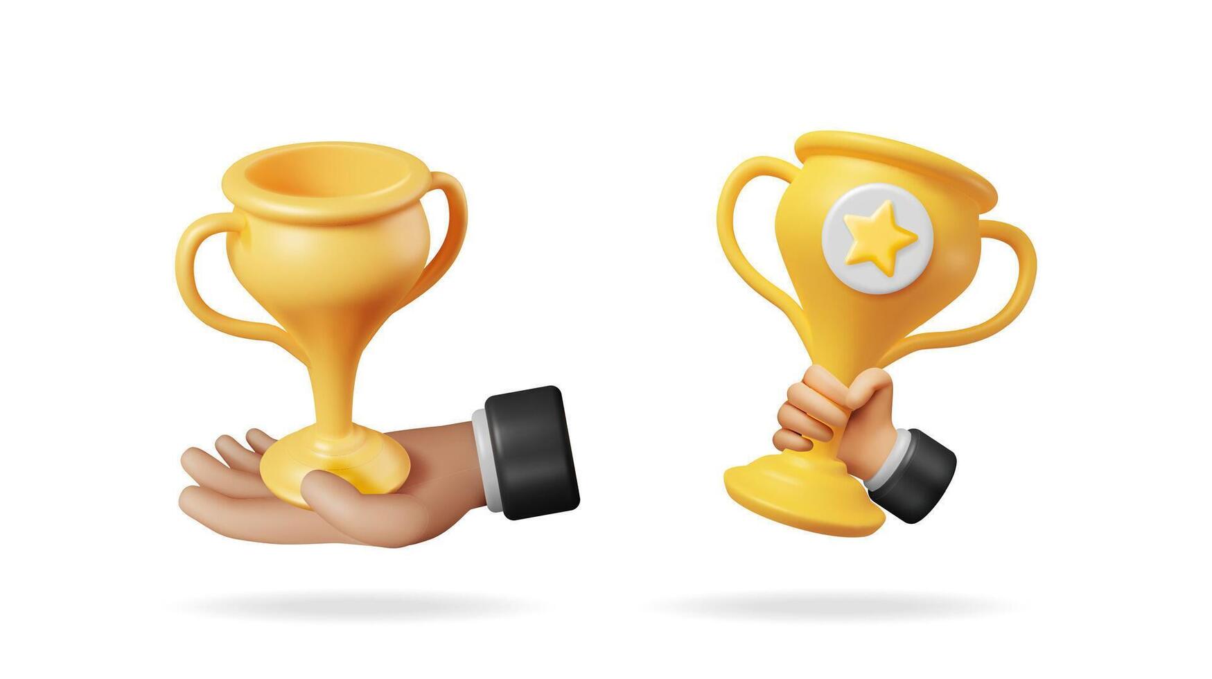 Man hand holding golden trophy, celebrating triumph. Award cup on palm with star icon. Win, success, victory concept. 3d illustration collection. vector