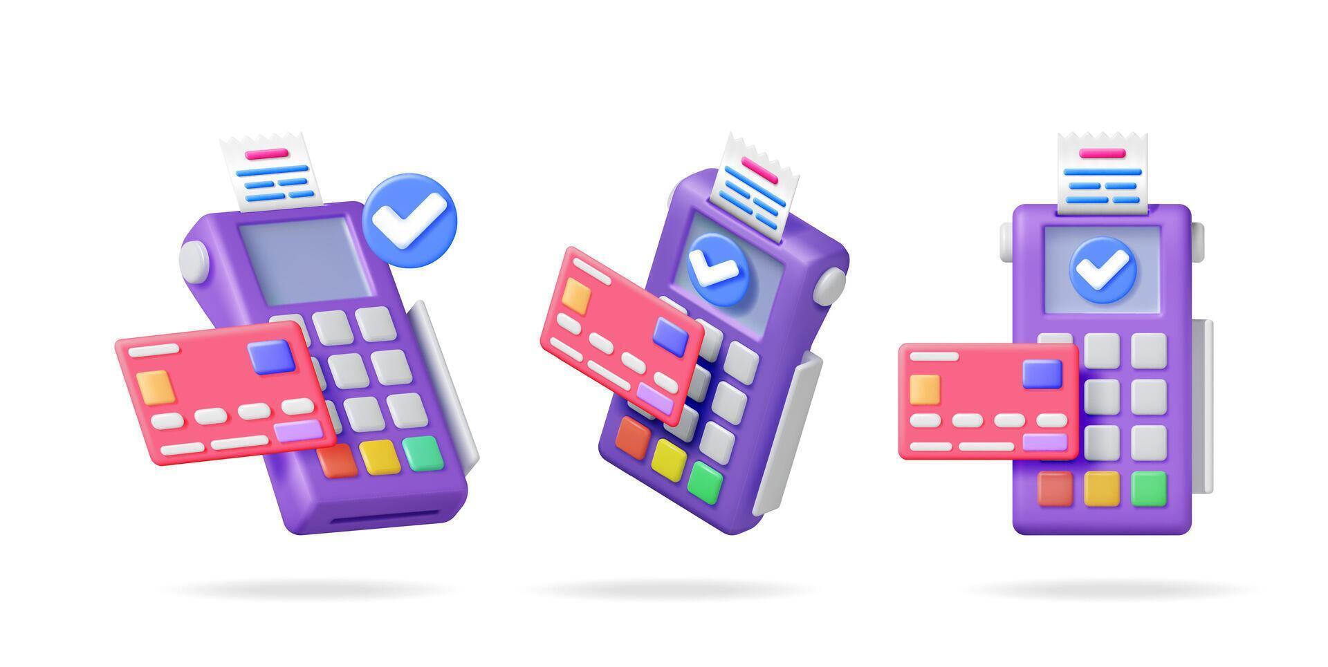POS terminal with credit card and receipt. Contactless payment concept. Online transaction, internet shopping. Secure digital money transfer and checkout. vector