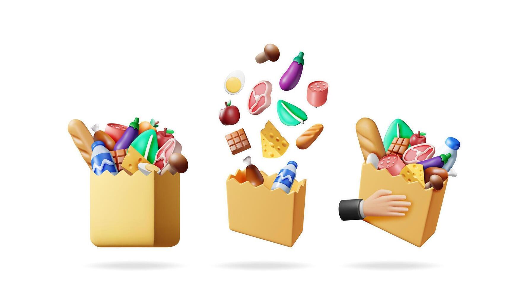 Three grocery concept illustrations with healthy food products, online shopping, and supermarket delivery. Shop and market goods for a fresh nutrition diet. vector