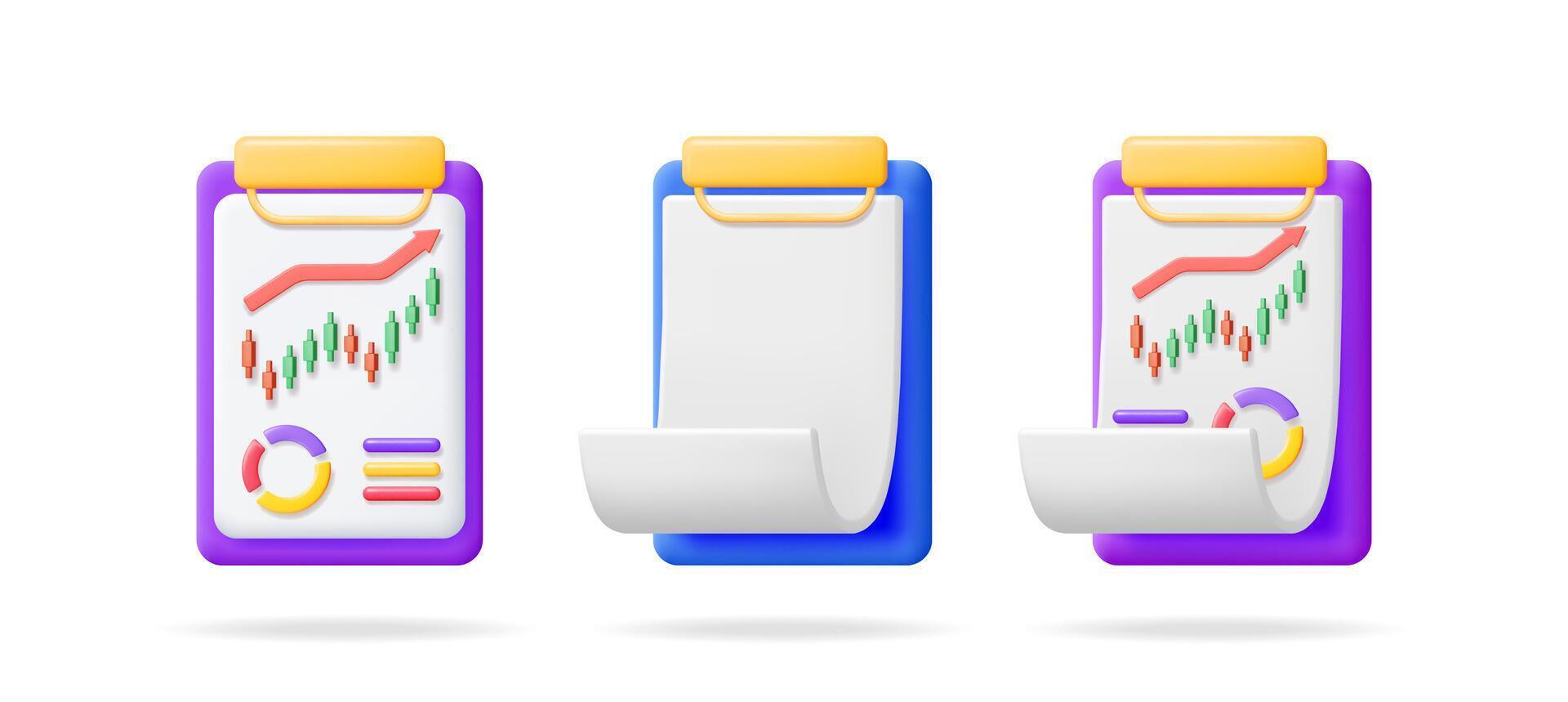 3d set collection of white clipboard with stock market chart and empty clipboard for business data analysis. vector