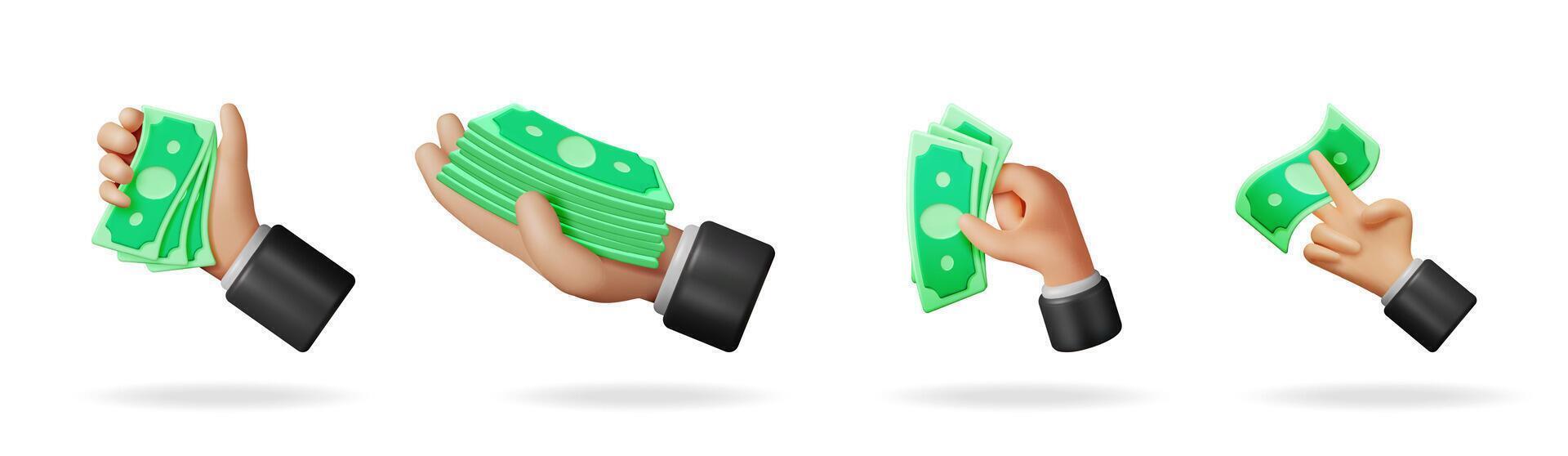 Man hand holding money in various poses, bundle of green dollar bills. Finance concept 3d render isolated on white. vector