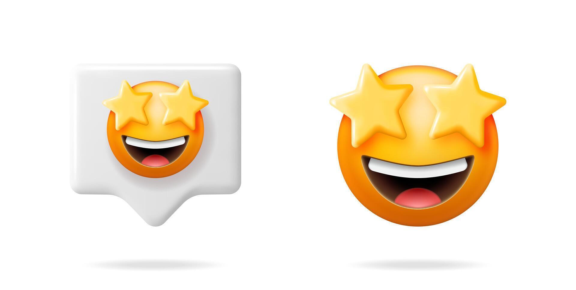 Smiling 3d emoji with star eyes and speech bubble. Happy emoticon with yellow stars for social media concept. illustration set. vector