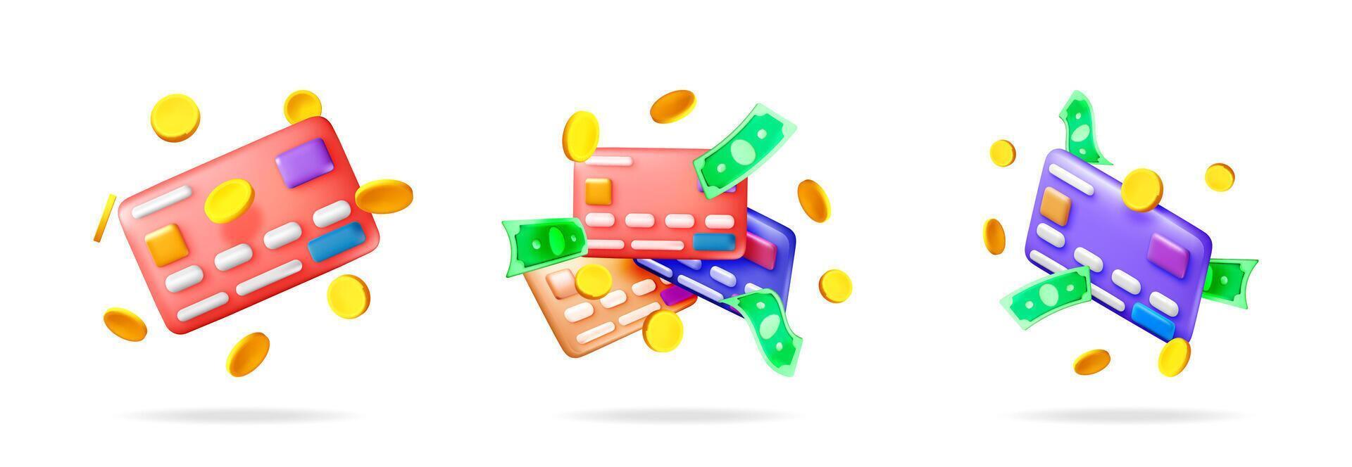 3d illustration set icon showing various floating credit cards with coins and money bills on a blank white background, financial transaction concept. vector