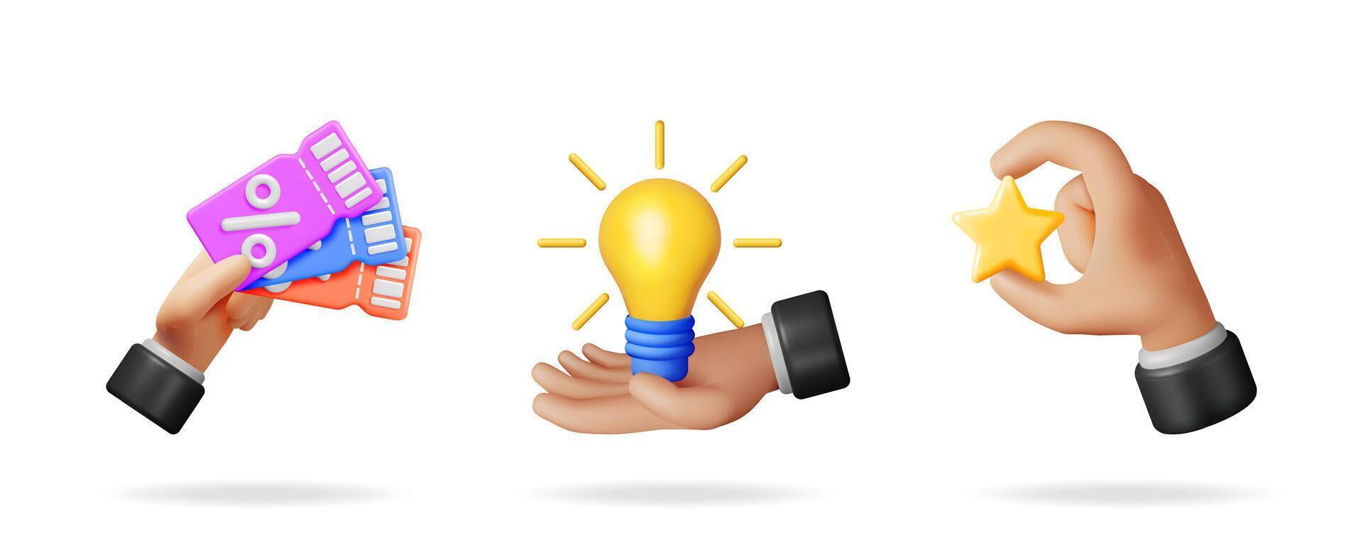 Hands in business suits offering discount coupons, a glowing light bulb, and a star. Concepts of sales, ideas, and rating. vector