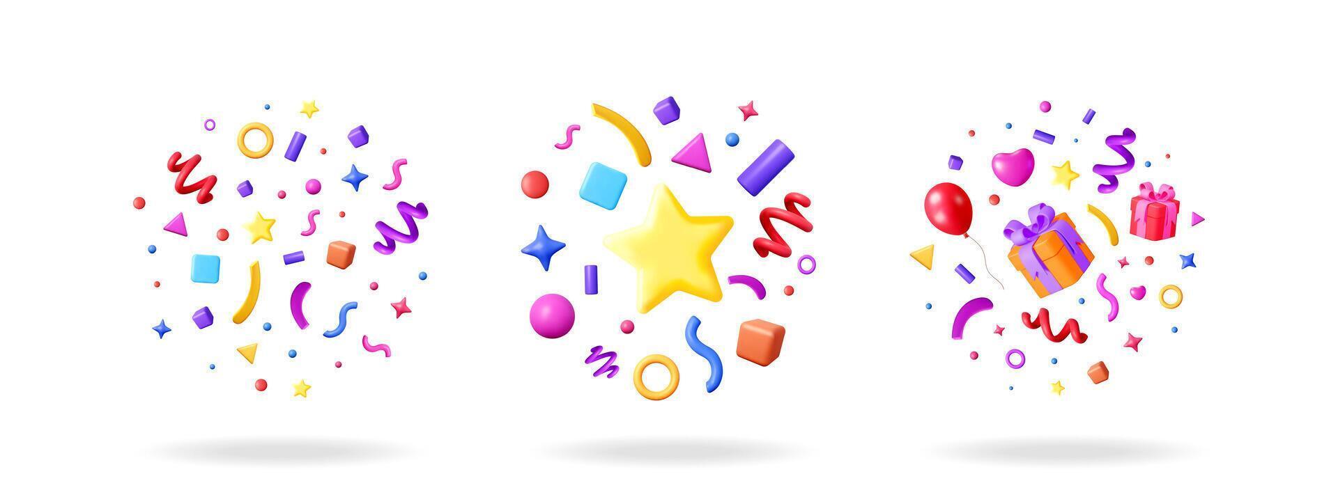Colorful 3d celebration confetti with gift box and star for birthday and Christmas in white background. vector