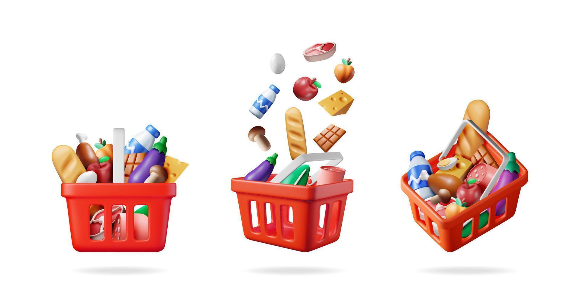 Three red 3d shopping basket illustration set with various floating and full groceries. Grocery market concept. vector
