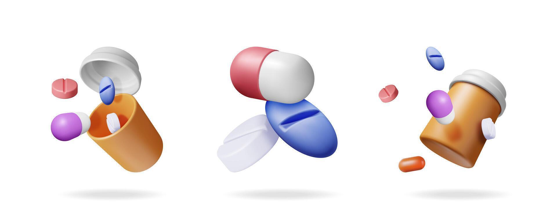 Set of 3d medical pills, capsules, and bottle for health care illustration. Modern pharmacy and drug concept design for banner. vector