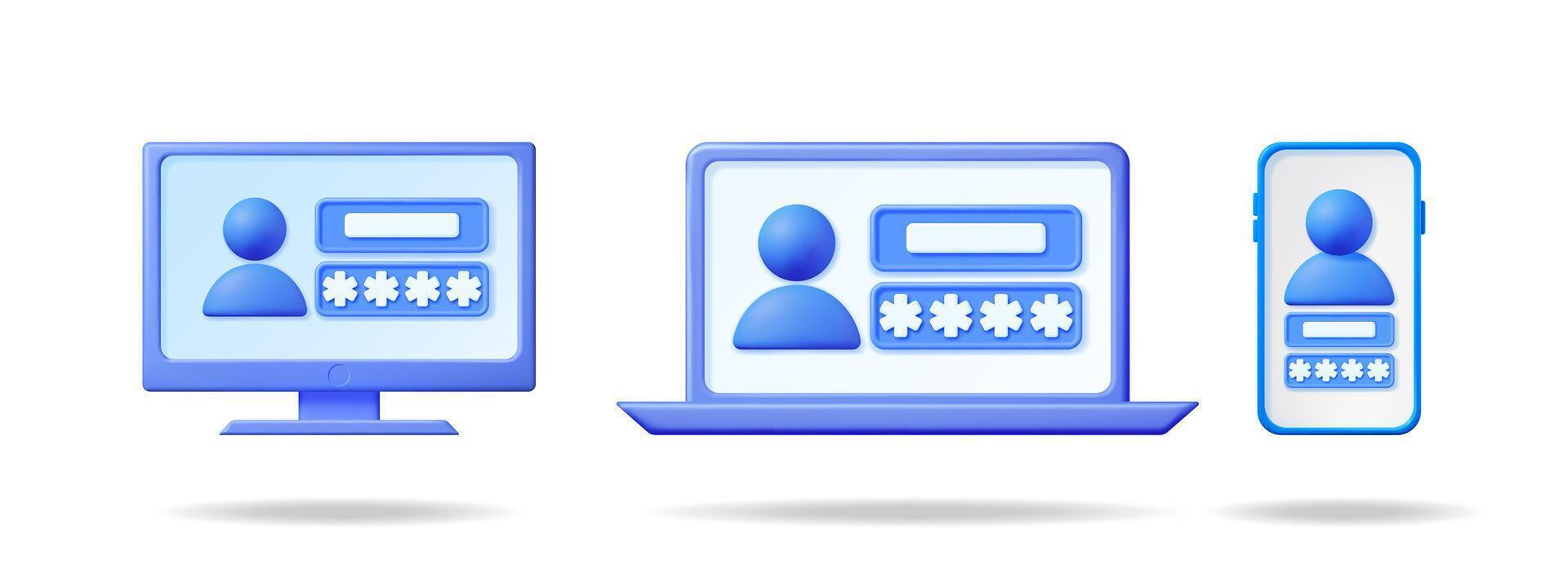 3d illustration set of user login access forms on computer, laptop, and phone screen for mobile security. vector