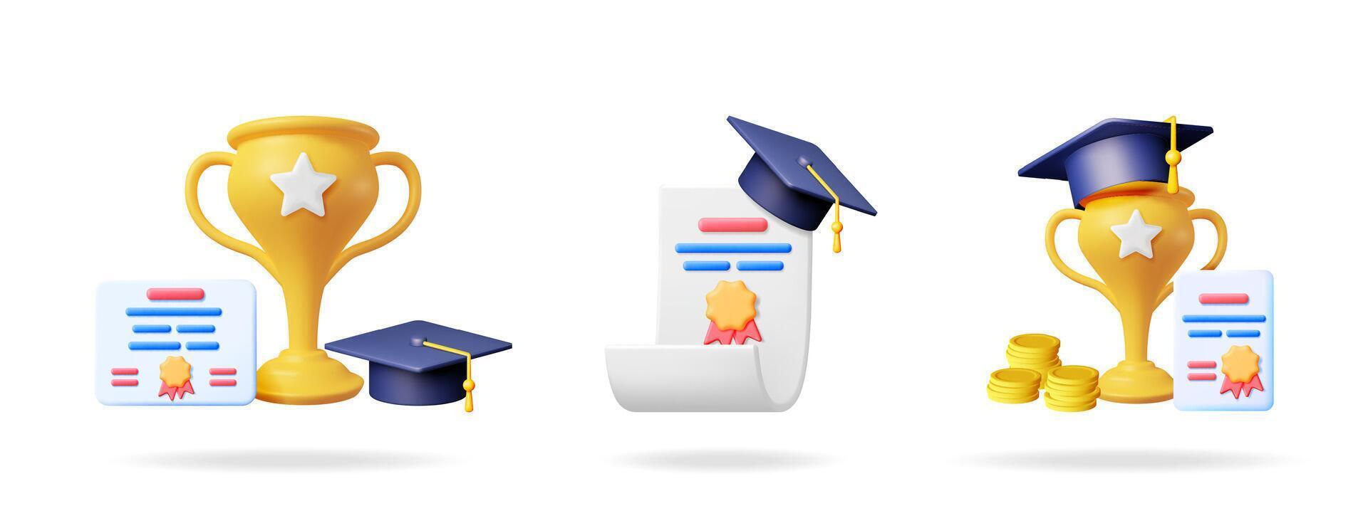 3d set with gold trophy, graduation cap, diploma, coin for education, success, career growth, university academic achievement. vector