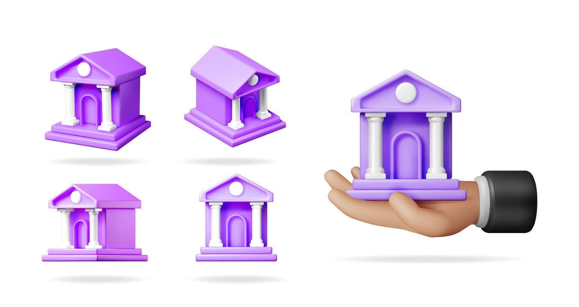 Collection of 3d purple bank building icons and a hand holding a bank house. Banking and finance concept. Investment and savings theme. vector