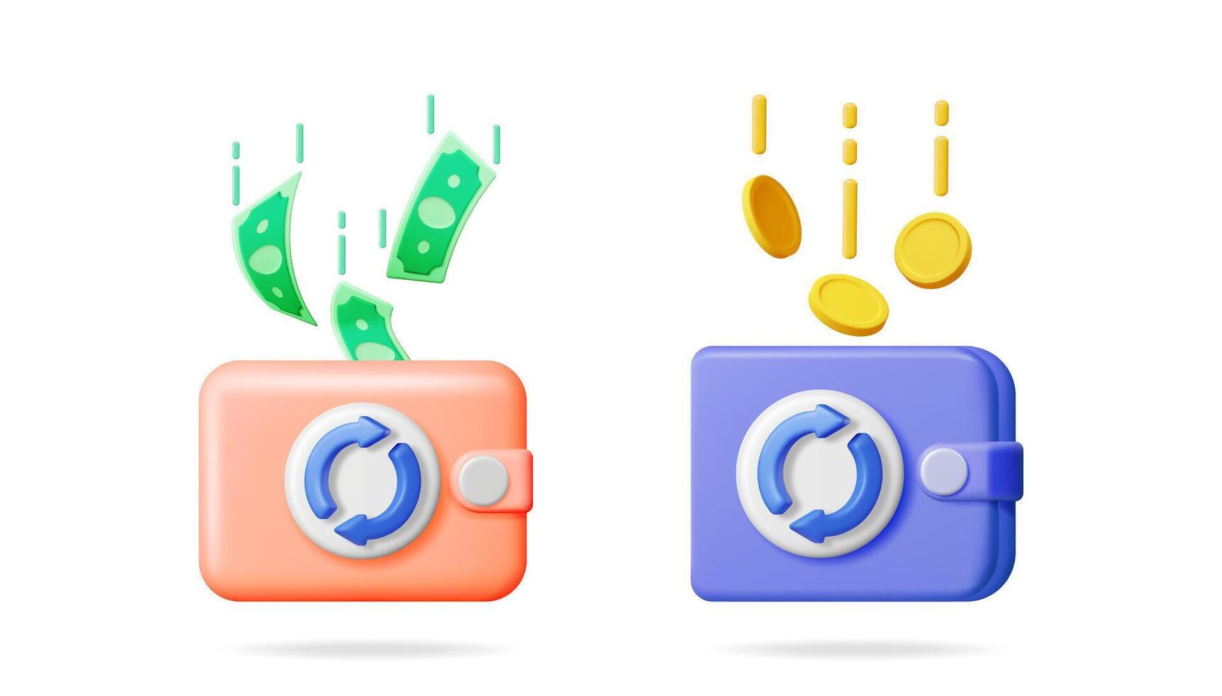 3d wallet icons with money flowing in and out. Financial transaction symbols for income and expense management concept. vector